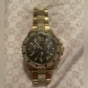 Michael Kors Watch- Gold with Crystal accent. Black Watch Face